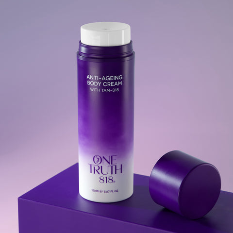 One Truth 818 Anti-Ageing Body Cream with TAM-818 in a sleek purple and white 150ml bottle, designed to hydrate, firm, and reduce visible signs of aging for smoother, youthful skin
