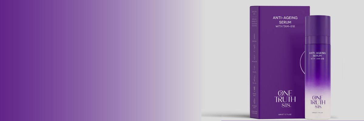 One Truth 818 Anti-Ageing Serum with TAM-818 in a sleek purple gradient bottle and matching box packaging, advanced skincare formula designed to reduce wrinkles and restore youthful skin.